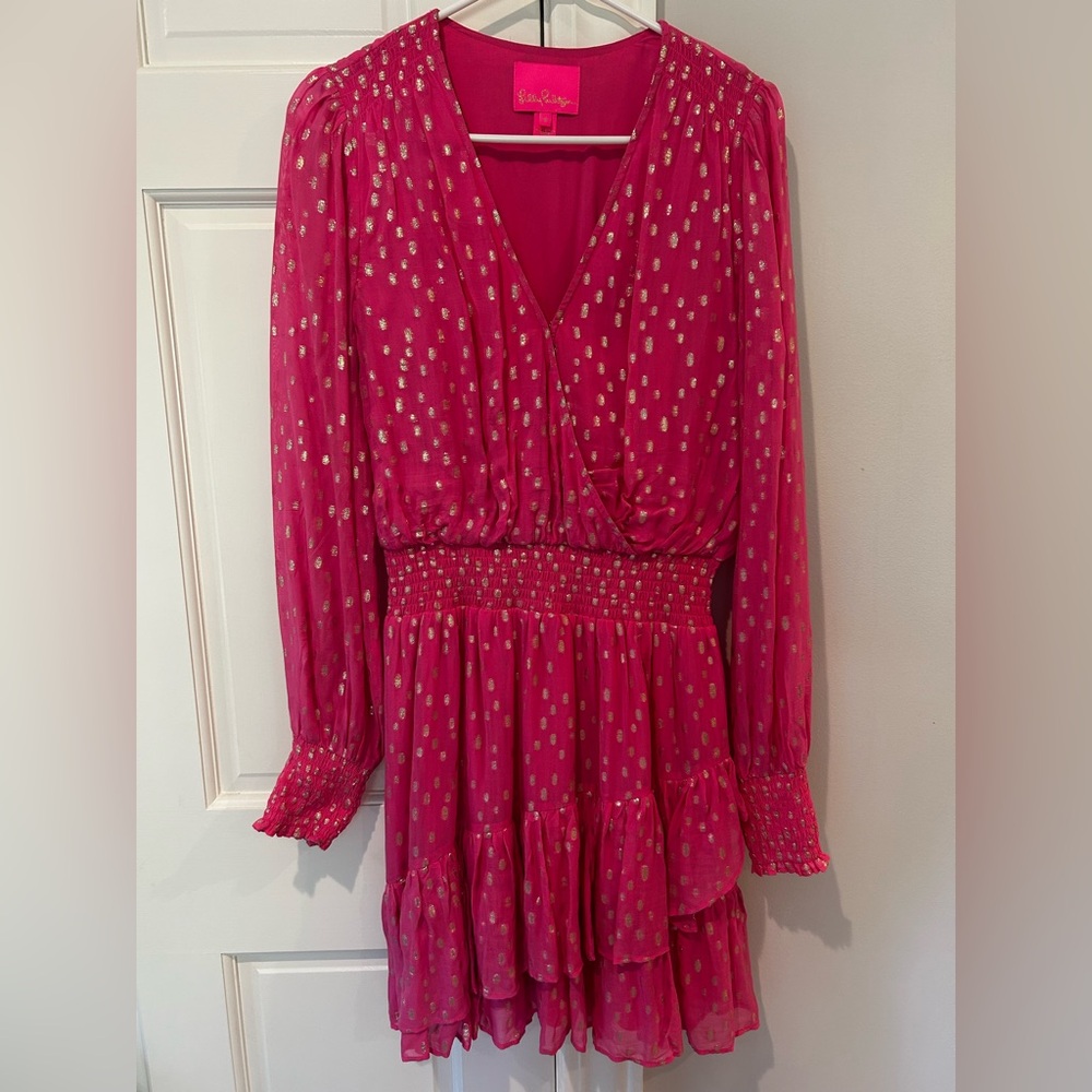 Pink Lilly Pulitzer dress with metallic gold thread accents